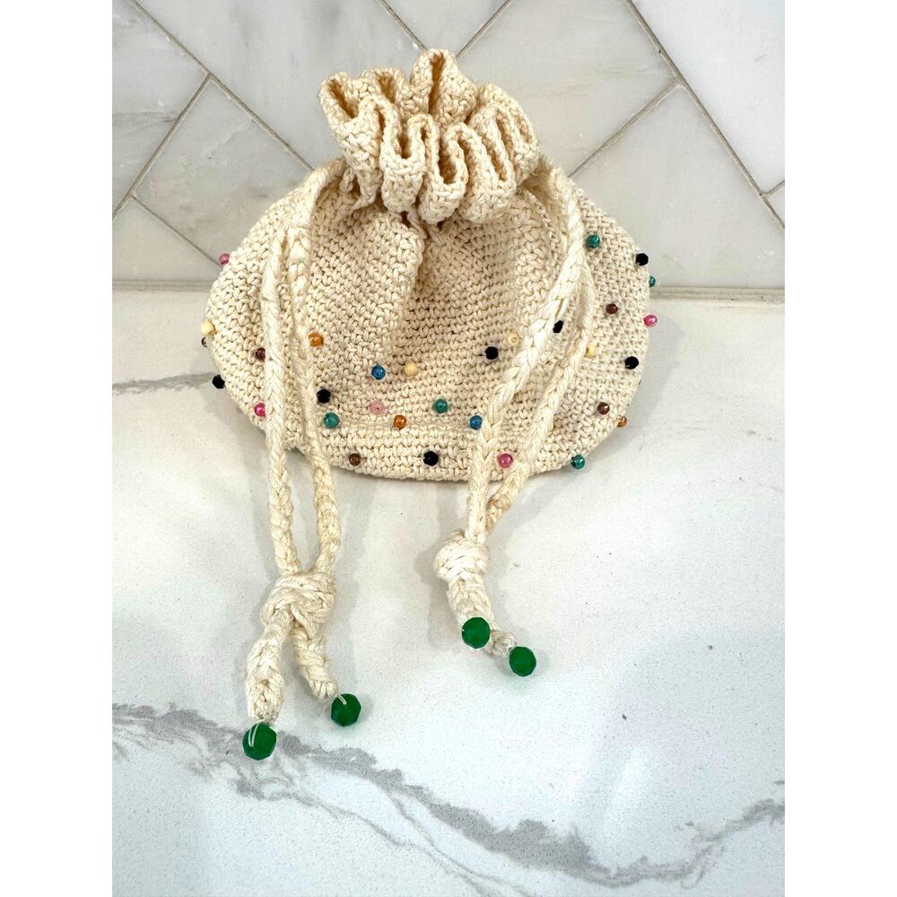 Vintage Crochet Beaded Drawstring Bag